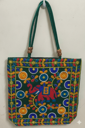 Green Premium Jute Bag with Flower and Elephant Design for Return Gifts