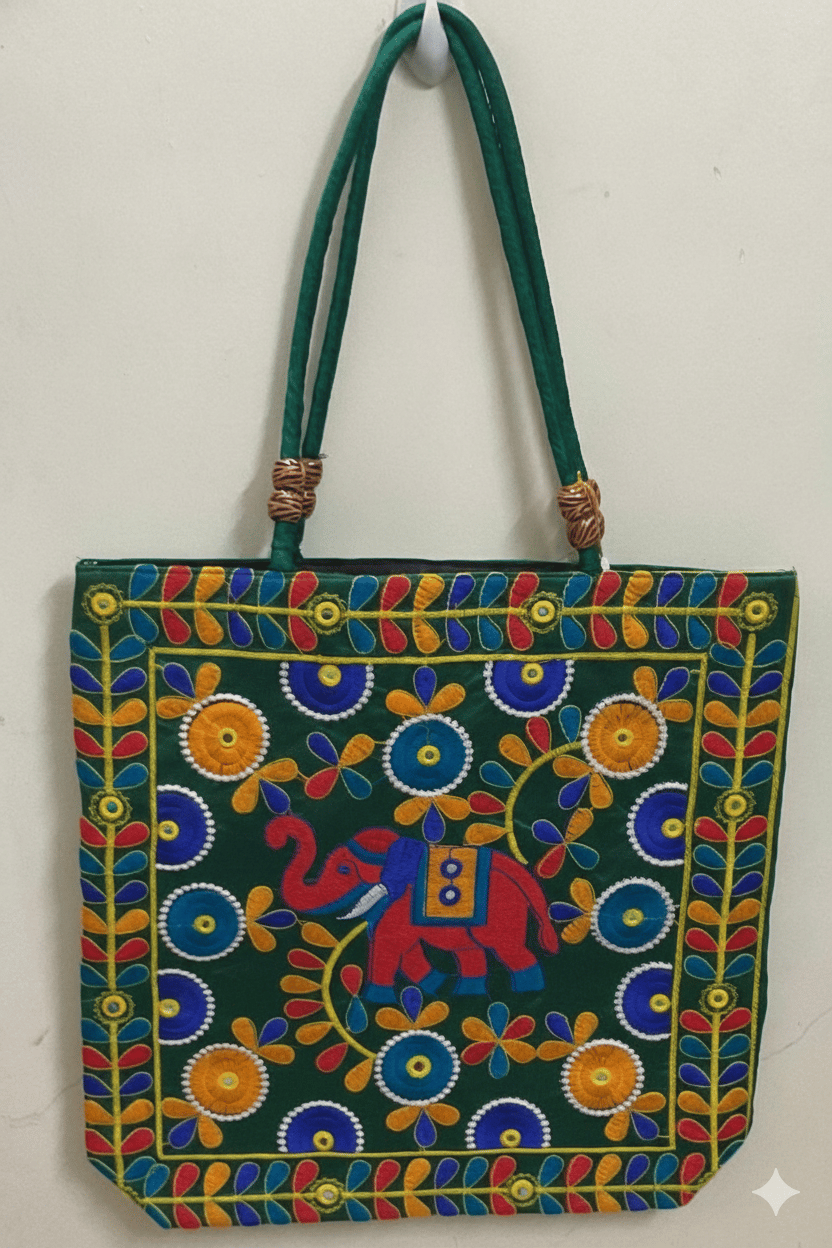 Green Premium Jute Bag with Flower and Elephant Design for Return Gifts
