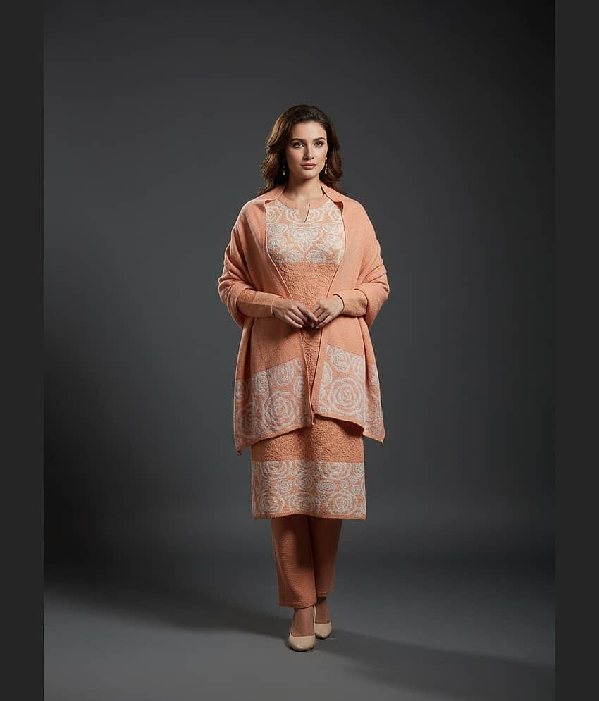 WOOL'S KART Women Woollen Printed A-line Kurti With Palazzo ( Orange )