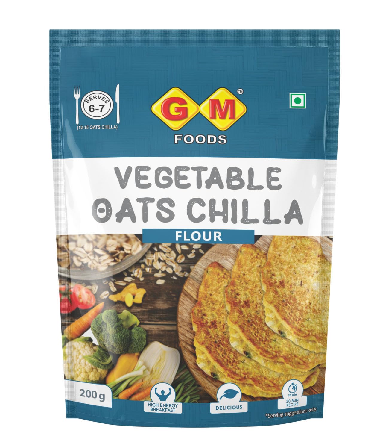 GM Foods Vegetable Oats Chilla Flour 200 Gram | Nutritious & High Protein Instant Breakfast | Multigrain Cheela Powder | Ready in 3 Easy Steps | Fibre Rich Meal for Kids & Adults