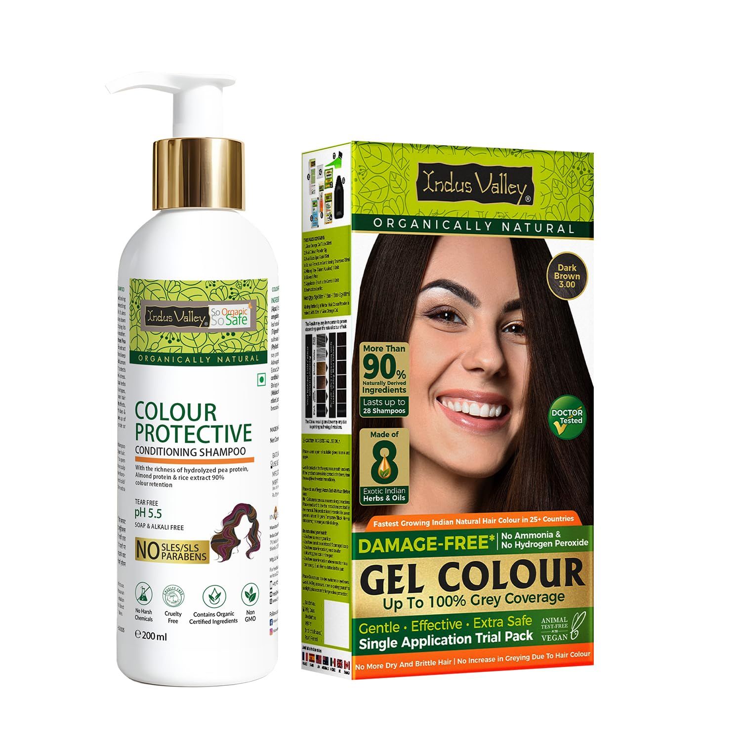 INDUS VALLEY Hair Color Trial Pack | Dark Brown With Colour Protection Shampoo (200 ml) INDUS VALLEY Hair Color Trial Pack | Dark Brown With Colour Protection Shampoo (200 ml) - Dark Brown + Protective Shampoo / 132.5 g (Pack of 2)