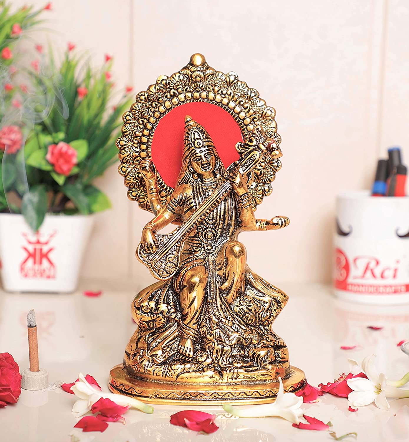 DreamKraft Gold Plated Maa Saraswati Metal Statue