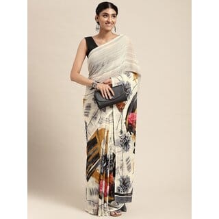 SVB Sarees Womens Cream Abstract Printed Georgette Saree With Blouse Piece