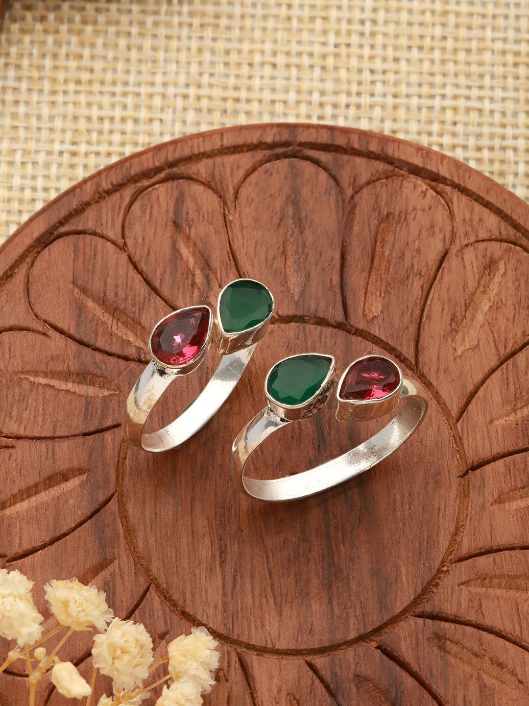 Set of 2 Silver Toned Red & Green Stone Studded Adjustable Toe Ring