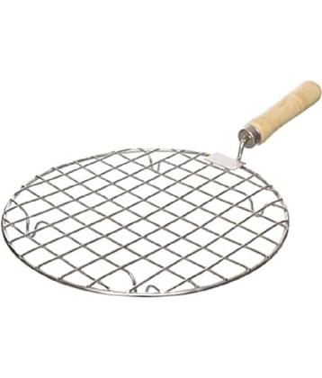 Dynore Stainless Steel Round Papad Jali, Roti Roast Grill with Wooden Handle (1U)
