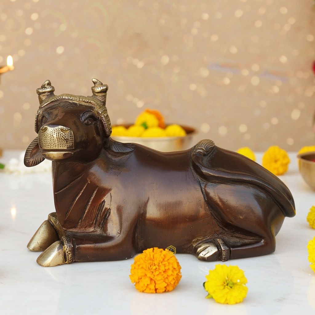 Brass Showpiece Nandi Ji God Idol Statue - Traditional Religious Showpiece, Height : 3.5 Inch (BSMAS1790 D)