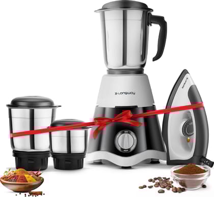 Longway Super Dlx Mixer Grinder with Kwid 1100W Dry Iron | Up to 700 Watt Powerful Motor | 3 Jars for Grinding, Mixing, Juicing | 2 Year Warranty (Black & Gray, Combo Offer) Longway Super Dlx Mixer Grinder with Kwid 1100W Dry Iron | Up to 700 Watt Powerf