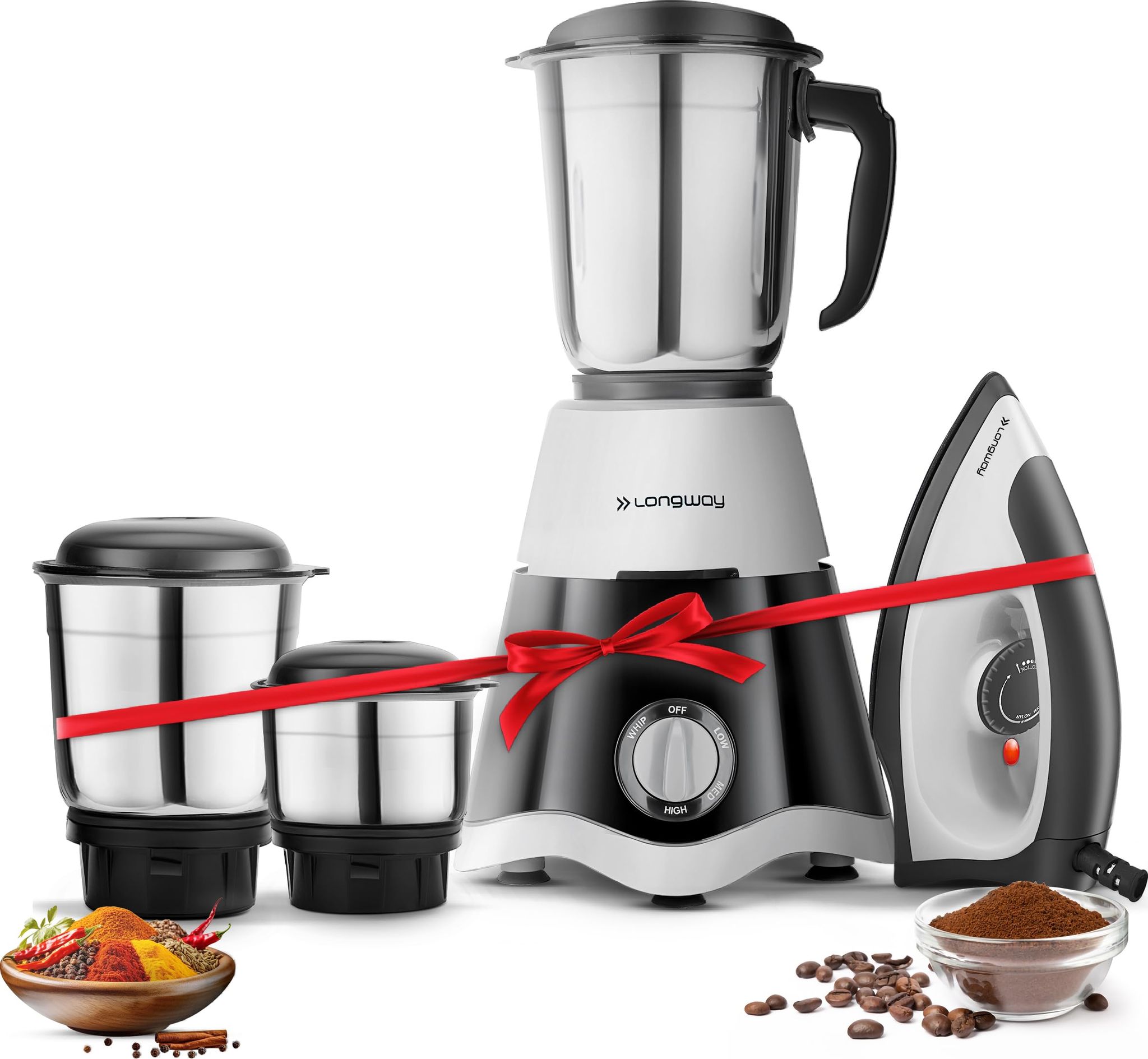 Longway Super Dlx Mixer Grinder with Kwid 1100W Dry Iron | Up to 700 Watt Powerful Motor | 3 Jars for Grinding, Mixing, Juicing | 2 Year Warranty (Black & Gray, Combo Offer) Longway Super Dlx Mixer Grinder with Kwid 1100W Dry Iron | Up to 700 Watt Powerf