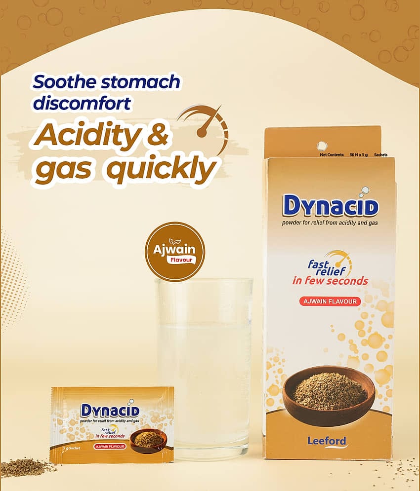 Leeford Dynacid Powder|Ajwain Flavor 50 x 5g Sachets|Ayurvedic Acidity Relief for Gas & Indigestion