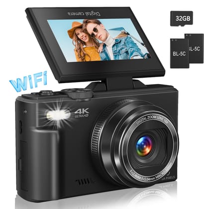 Digital Camera for Photography, 4K Vlogging Camera for YouTube 3" 180 Flip Screen 18X Digital Zoom Compact Retro Cameras with 32GB TF Card & 2 Batteries, Black Digital Camera for Photography, 4K Vlogging Camera for YouTube 3" 180 Flip Screen 18X Digital 