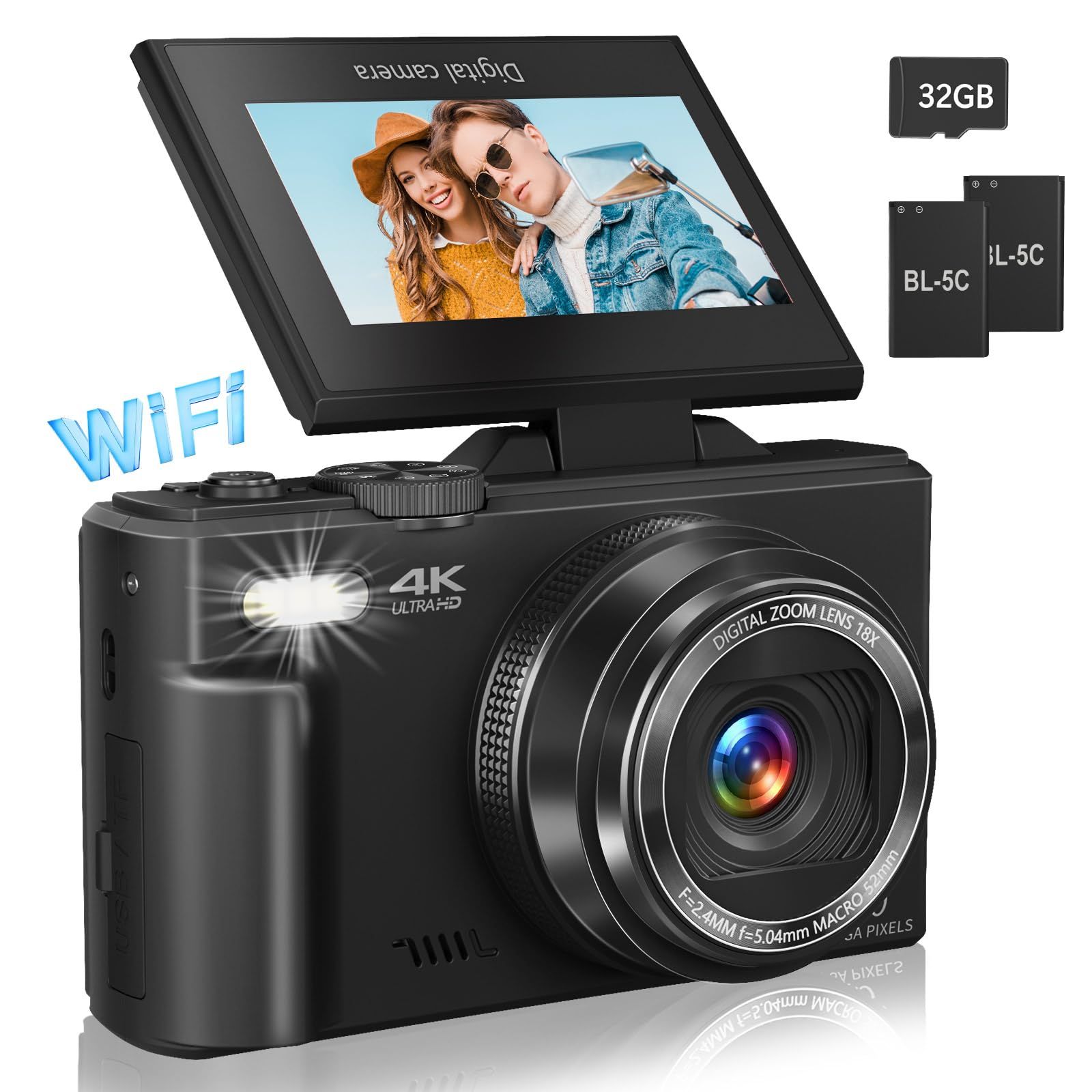 Digital Camera for Photography, 4K Vlogging Camera for YouTube 3" 180 Flip Screen 18X Digital Zoom Compact Retro Cameras with 32GB TF Card & 2 Batteries, Black Digital Camera for Photography, 4K Vlogging Camera for YouTube 3" 180 Flip Screen 18X Digital 
