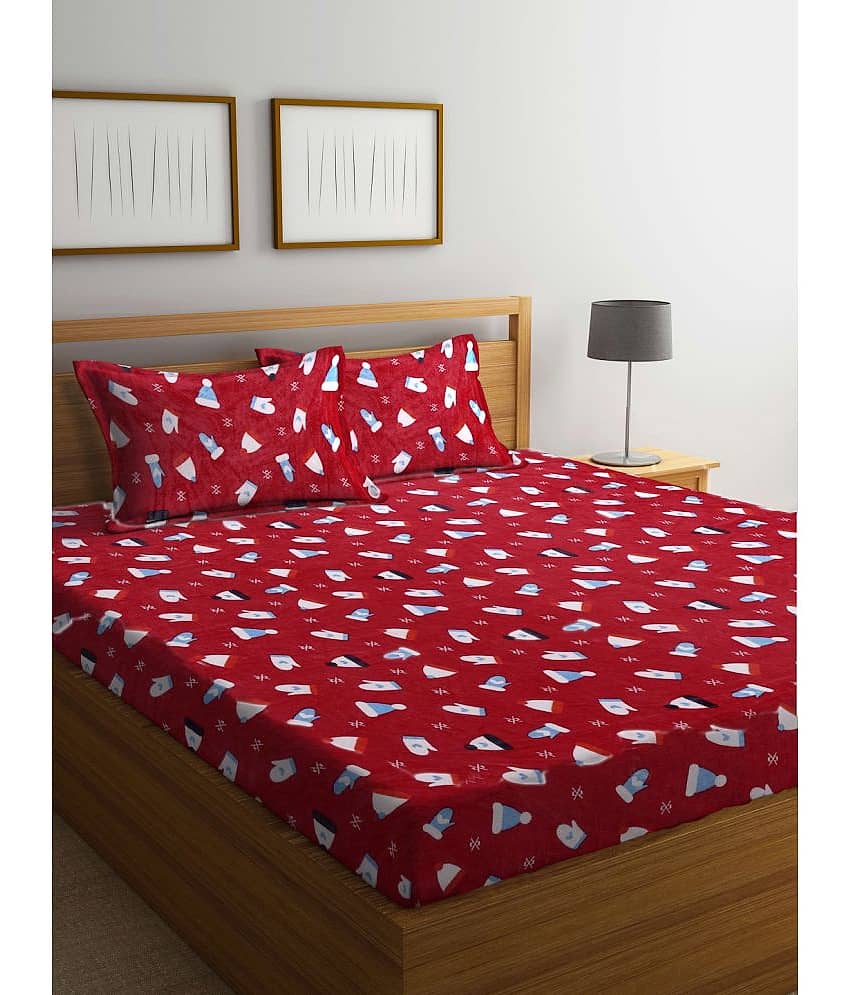 Klotthe Woollen Abstract Printed 1 Double King Size Bedsheet with 2 Pillow Covers - Red
