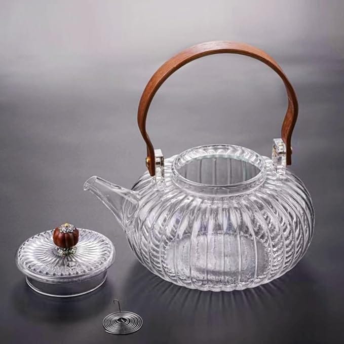 Lining Kettle with Glass Lid and Wooden Handle | 900 ML | Borosilicate Glass Tea Pot | Unique Design & Safety Features