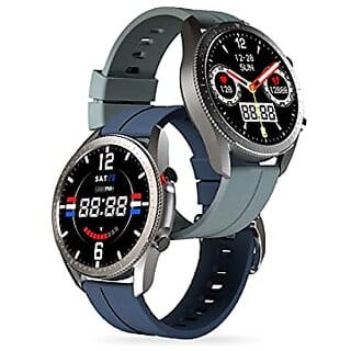 Foxin FoxFit Bold Bluetooth Calling Smart Watch with Fog Grey  Extra Blue Strap Built-in Speaker and Mic HD Round Display Sp02 100+ watch  Continuous Heart Rate Monitor BP IP67 Water and Dustproof.