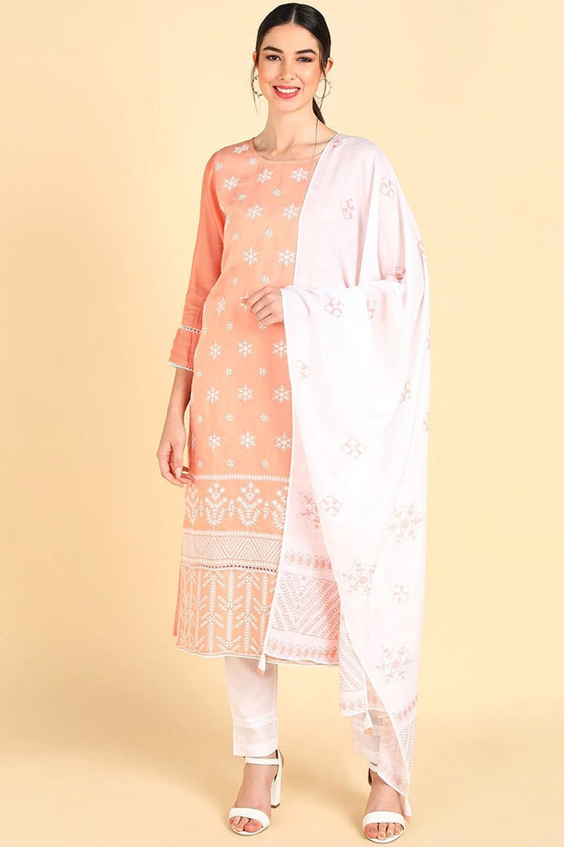Peach Poly Silk Straight Suit Set PKSKD1361
