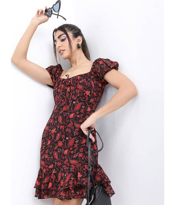 Tokyo Talkies Women Polyester Printed A-line Dress ( Black )