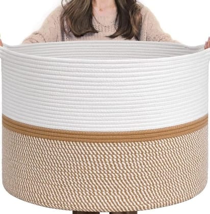 Generic Cotton Dori 16x14 Inch Storage Basket For Clothes With Out Lid (White-Beige-White)-PID66466