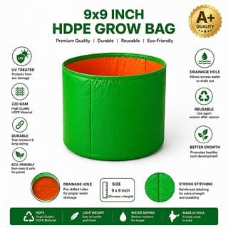 Premium 9x9 Inch HDPE Grow Bag - UV-Treated, Durable for Terrace  Balcony Gardening