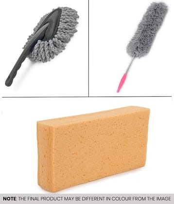 Mahek Accessories - Car Cleaning Combo Of Wet & Dry Cleaning Microfiber Mini Duster , Cellulose Sponge And Feather Duster for car accessories( Pack Of 3 )