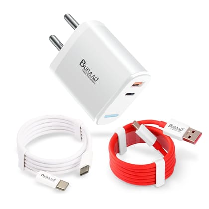 BURAAQ 65W Dual Port Fast Charger|USB 65W & Type C 25W PD Port|Compatible With iPhones, Samsung, Oppo, Oneplus, Realme, & Mi Phones|Fast Charger Type C| SUPERVOOC & Ultra Fast Protocols|BIS Certified| White