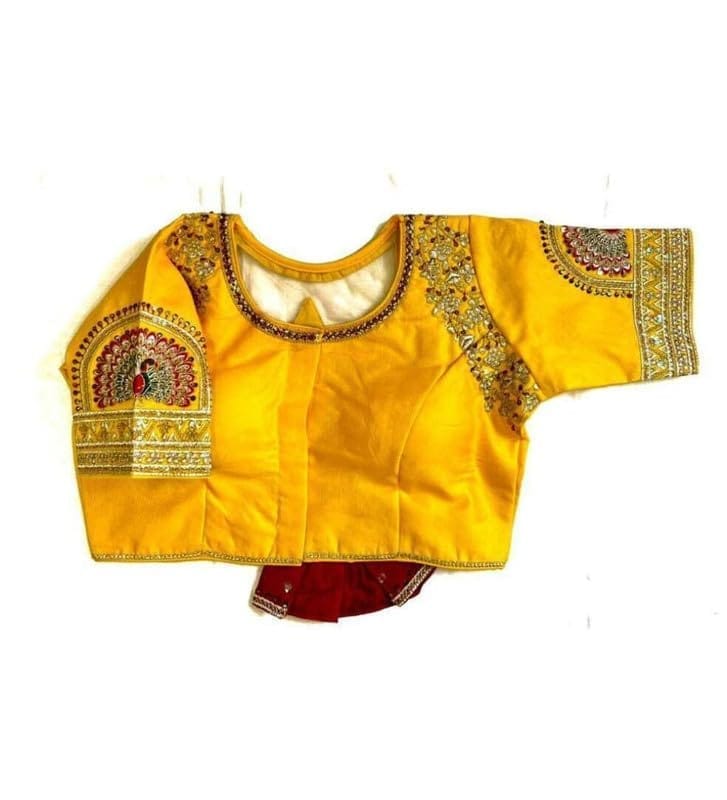 Women's Shining Silk Sequance Round Neck Short Sleeve Readymade Blouse (Mustard, Free Size)-PID57767