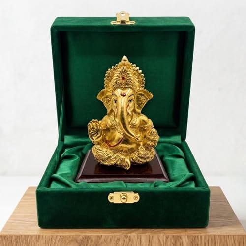 Idol - 4 Inch Divine Seated Ganpati Statue on Wooden Base - Auspicious Vastu Home Decor and Spiritual Gift with