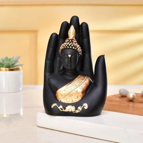 Craftvatika Golden Handcrafted Palm Buddha Idol for Home,Office and Gifts - Palm Buddha Hand Statues for Living