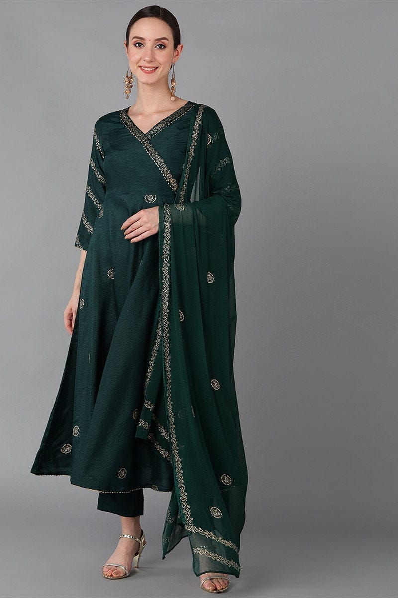 Green Silk Blend Anarkali Suit Set PKSKD1597