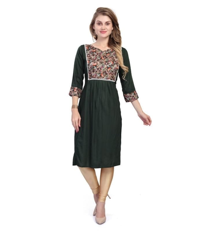 Women's Casual 3/4 Sleeve Viscose Rayon Printed Kurti (Dark Green, L)-PID46379