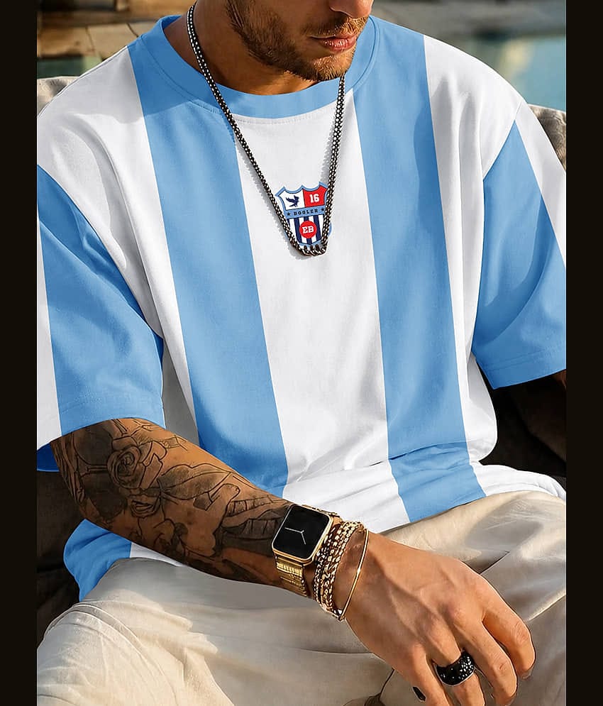 Eyebogler Men Cotton Oversized Fit Striped T-Shirt ( Blue )