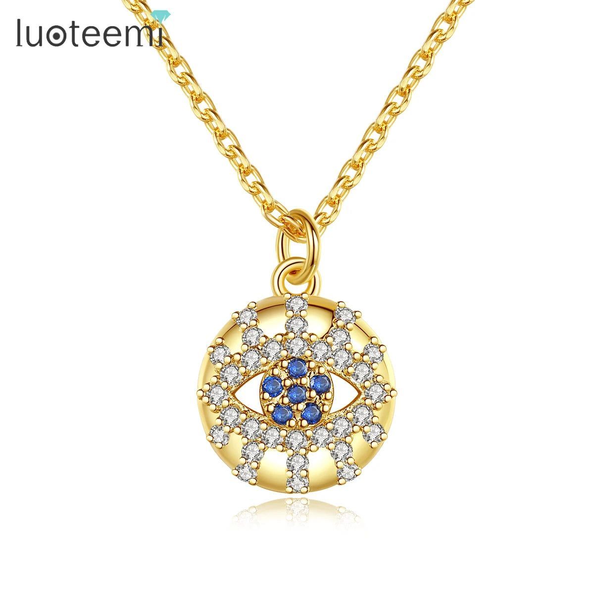 LUOTEEMI Designer CZ Eye Gold Plated Necklace Blue Cubic Zirconia Sapphire Color Eye Pendants Jewelry