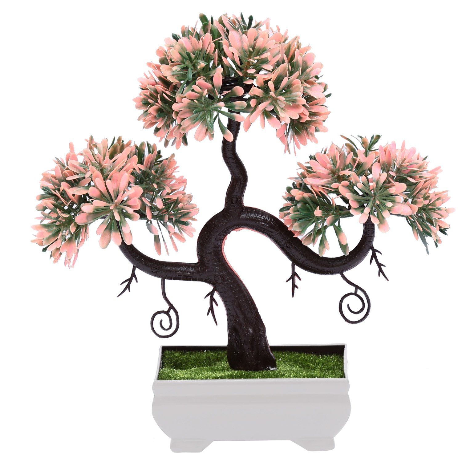 Foliyaj Artificial Bonsai Tree with Pot | Bonsai Tree for Office Desk | Bonsai Tree Artificial for Home Decor | S Shape Bonsai Tree Showpiece with Pink Leaves