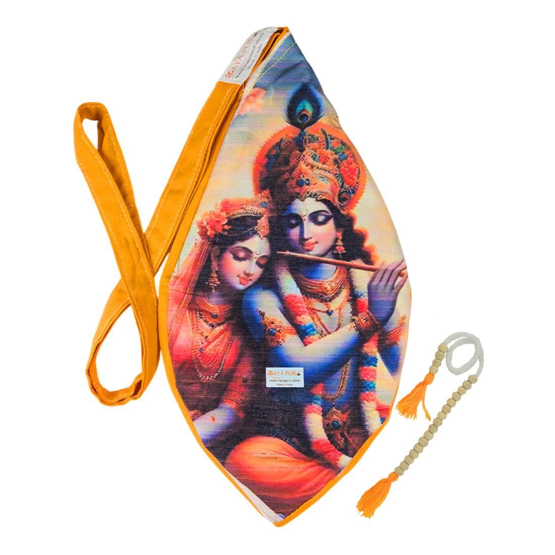 MAYAPURI Multicolor Radha Krishna Printed Pure Cottom Japa Mala Bag, Chanting Or Beads Bag with Zip Pocket and Sakshi Mala Counter (Pack of 1)