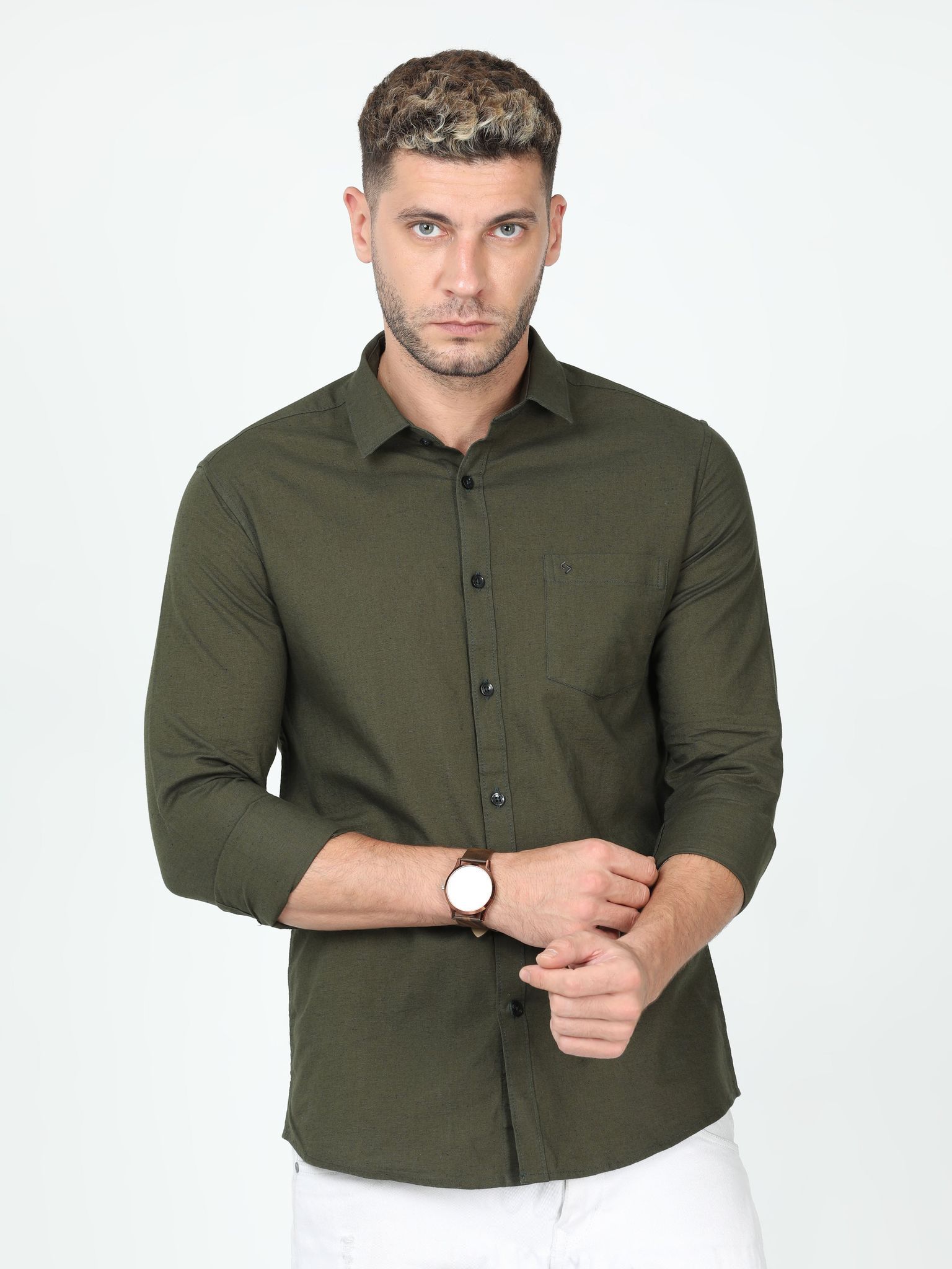 Classic Polo Mens Linen Cotton Full Sleeve Slim Fit Polo Neck Olive Color Woven Shirt | Linen - 26 D-FS-SLD-SF