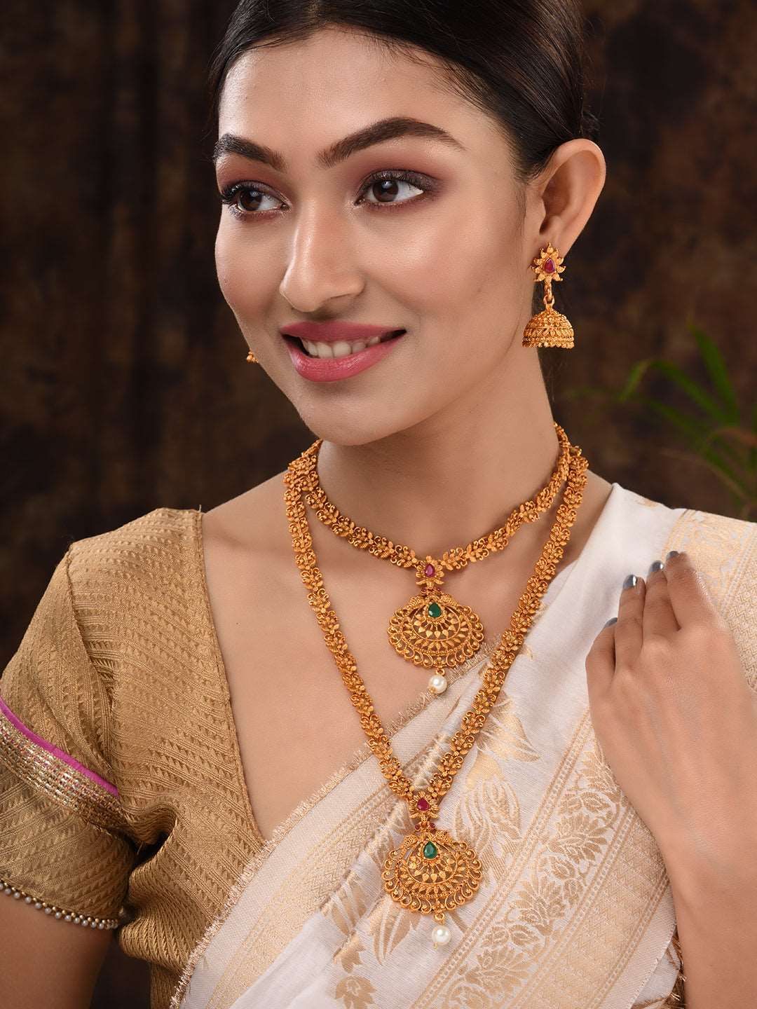 Gold Plated Grand South Indian Imitation Bridal combo Temple Jewellery Set