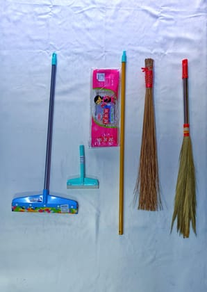 Floor Cleaning Combo Set (Floor Wiper + Grass Broom + Stick Broom + Handle)