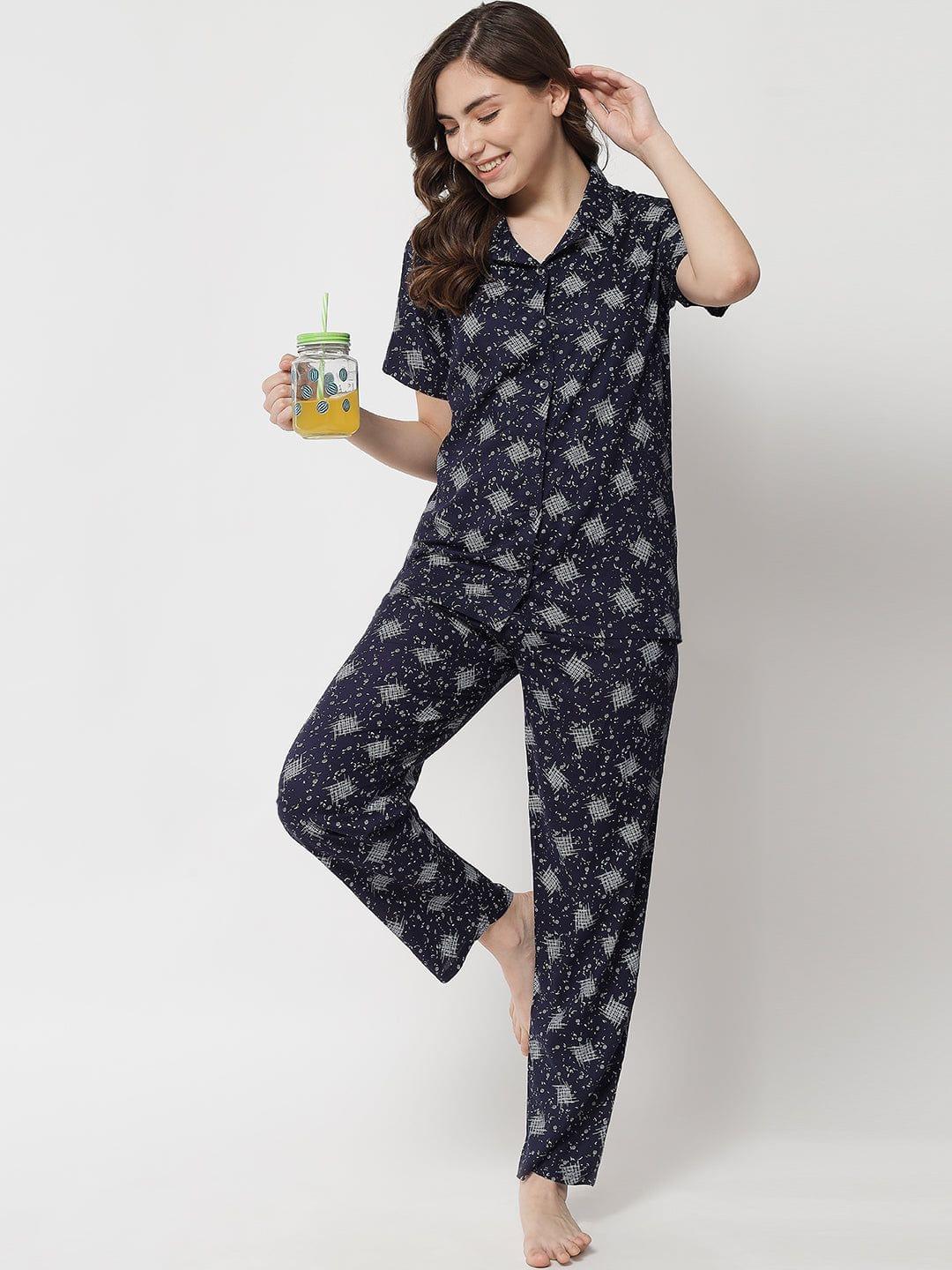 Printed Button Up Navy Nightsuit For Women With Pockets in Pyjamas N74N