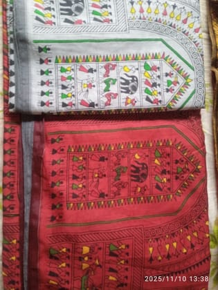 Warli Art Printed Cotton Saree (Red and White) | Traditional Ethnic Motif | Festive Wear