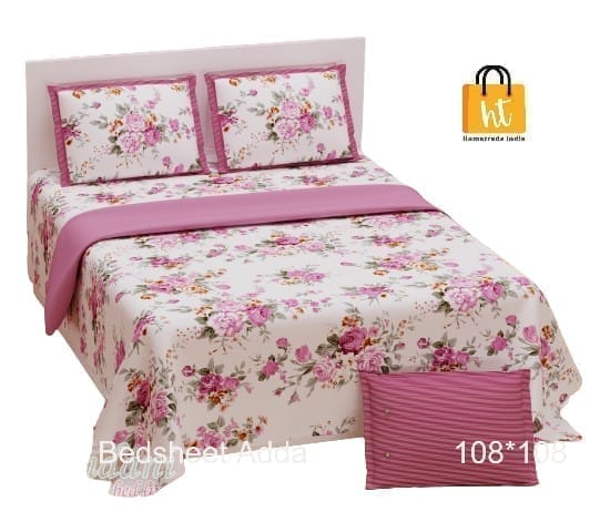 3001-Hometrade India-Standard King Size (90*108 Inches)-Pure Cotton Jaipuri Double Bedsheet With Matching Pillow Cover