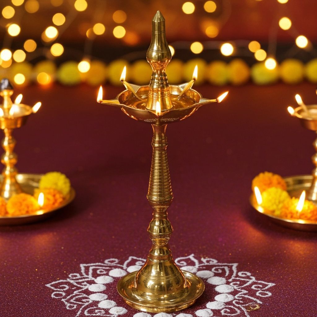 Brass Kerala Fancy Deepak, Oil Lamp Deepak  - Handmade Oil Lamp for Temple Lighting, Height : 45.5 Inch (FMAS642 Y)