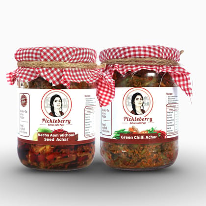 Pickleberry Raw Mango Without Seed + Green Chilli Achar Combo | Spicy & Tangy | Low-Oil | Handmade | 1 KG (2 � 500g) Pickleberry Raw Mango Without Seed + Green Chilli Achar Combo | Spicy & Tangy | Low-Oil | Handmade | 1 KG (2 � 500g)