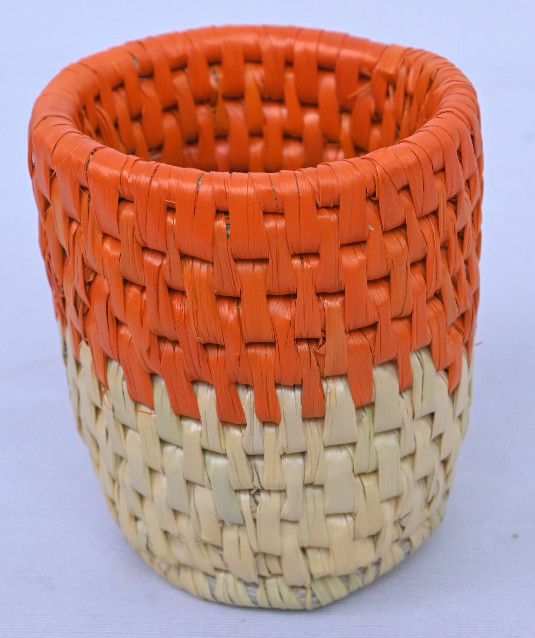 Handwoven Bamboo Pen Stand – Dual Tone Orange & Natural Desk Organizer Cup