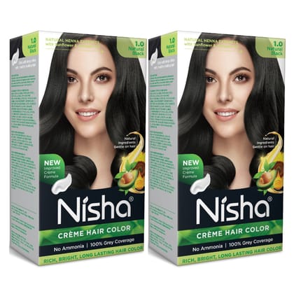 Nisha Creme Hair Color Natural Black 60g Pack of 2, Permanent Hair Colour, No Ammonia, 100% Grey Coverage