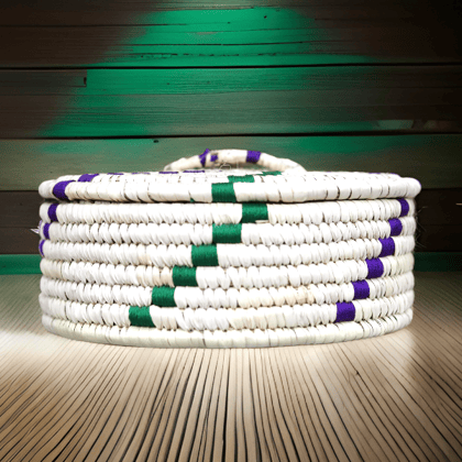 Handcrafted Sabai Grass Handmade Multi-Use Chapati & Roti Hot Box / Bread Basket / Storage Box / Casserole Dish for Kitchen (24x9x7 inch) - Purple, Green & Off White