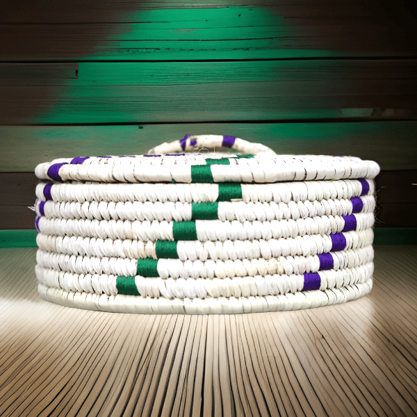 Handcrafted Sabai Grass Handmade Multi-Use Chapati & Roti Hot Box / Bread Basket / Storage Box / Casserole Dish for Kitchen (24x9x7 inch) - Purple, Green & Off White