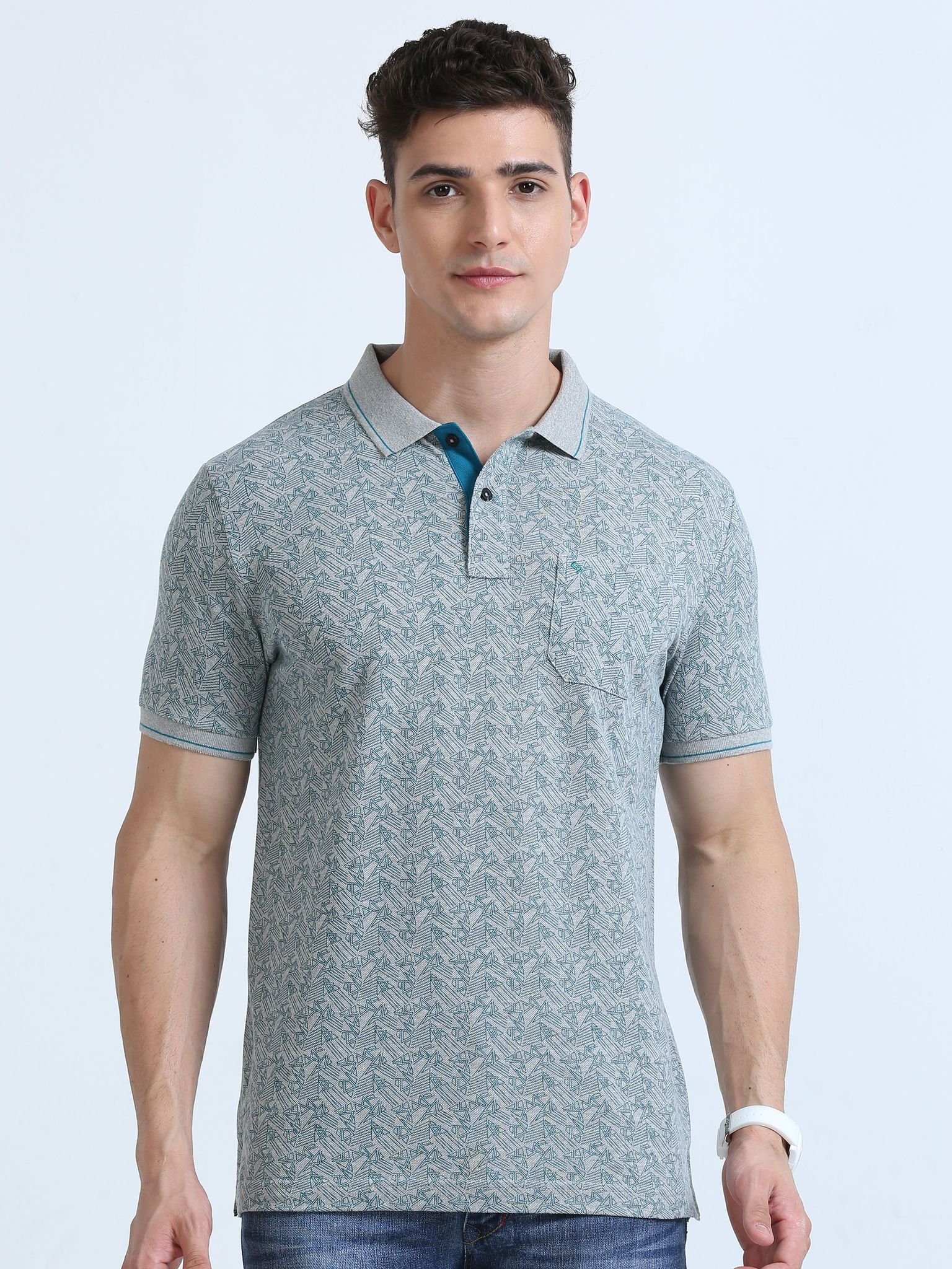 Classic Polo Men's Polo Neck Cotton Lt.Grey Slim Fit Printed T-Shirt | BEAU-252 B SF P
