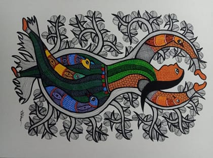 Dancing Lady with Fish - Original Indian Folk Art Painting Dancing Lady with Fish - Original Indian Folk Art Painting