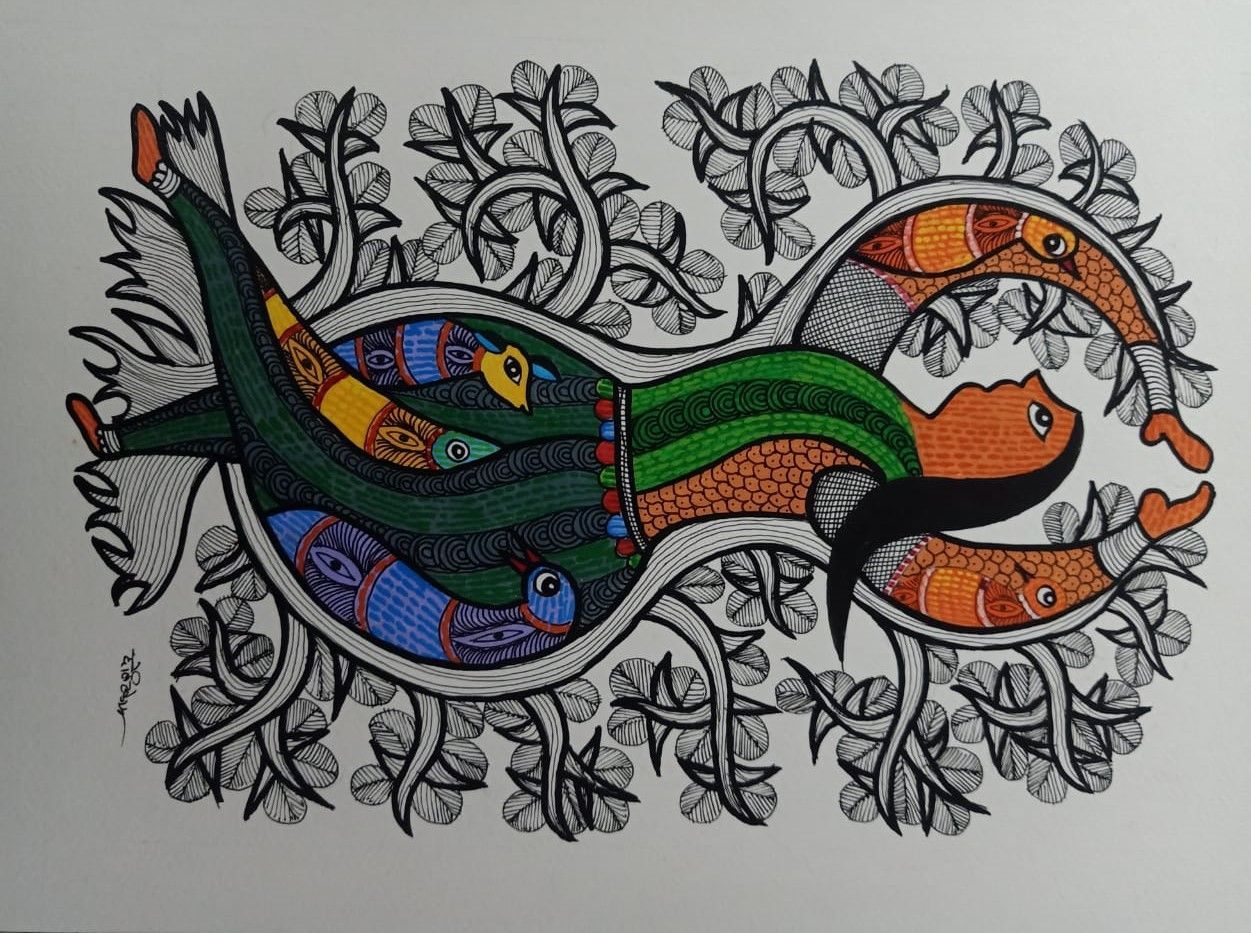 Dancing Lady with Fish - Original Indian Folk Art Painting