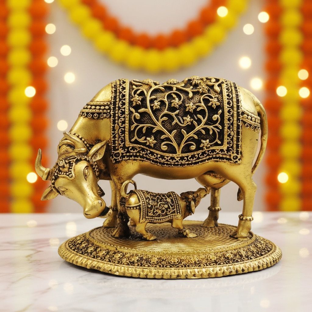 Brass Cow Idol Statue | Sacred Gau Mata Religious Showpiece, Height : 3.5 Inch (BSMAS1727 C)