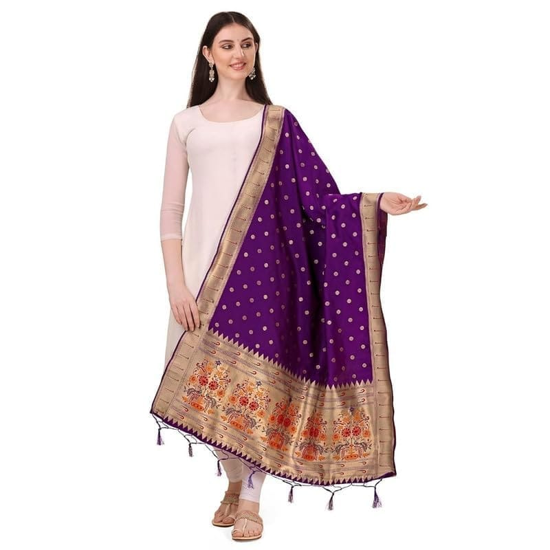 Women's Silk Pure Zari weaving Duppatta (Purple, Leangth: 2-2.3 Mtrs)-PID44917